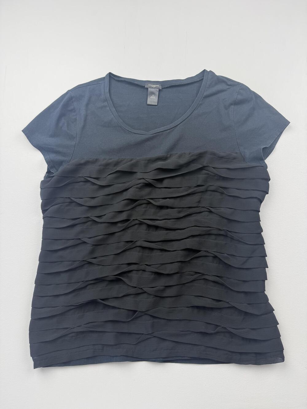 Ann Taylor Shirt Womens XL Black Scoop Neck Short Sleeve Ruffle Jersey Top